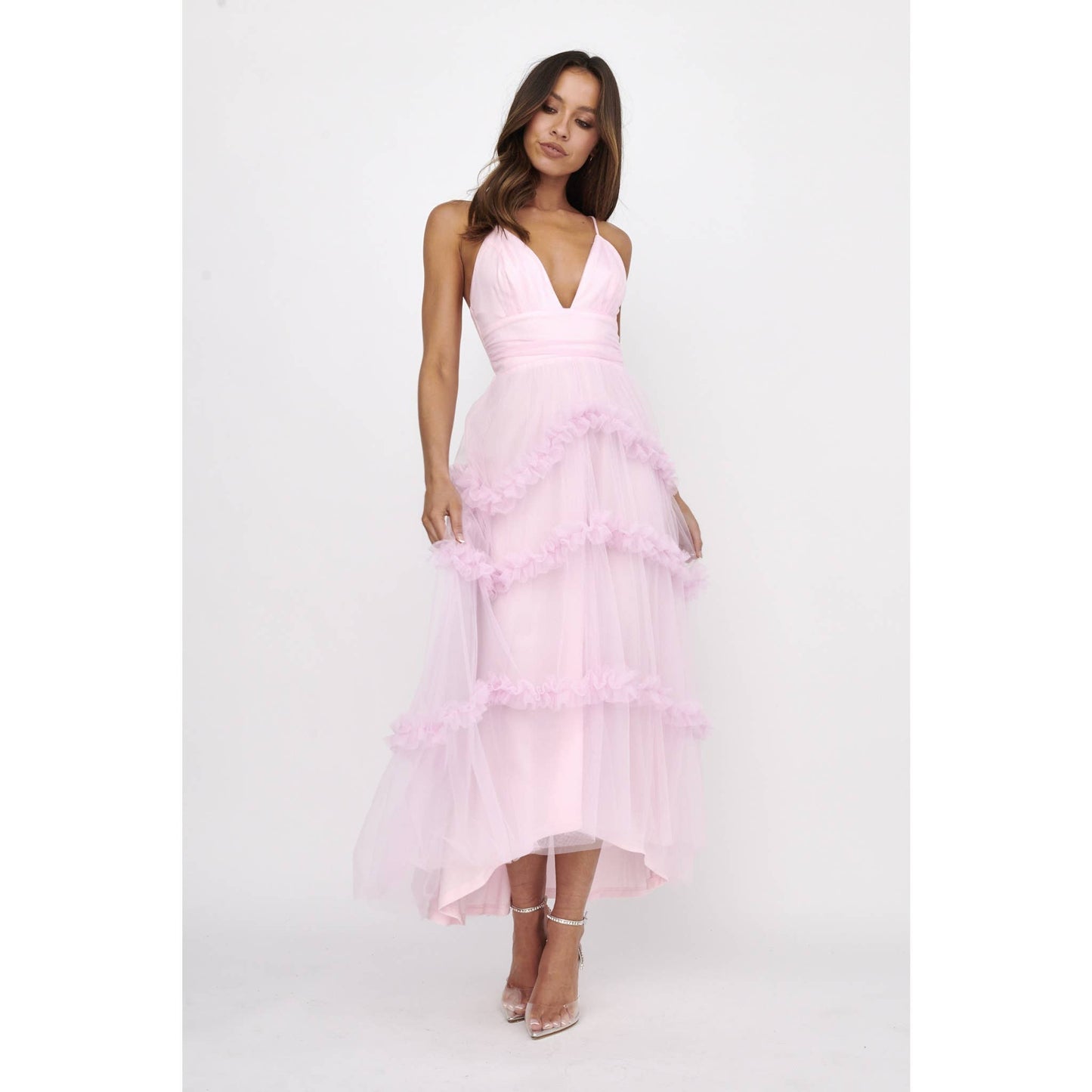 DEEP-V TIERED TULLE MIDI DRESS