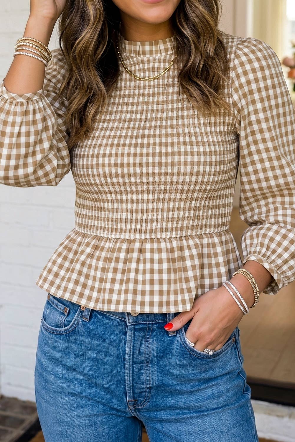 LAS Plaid Smocked Bubble Sleeve Casual Blouse