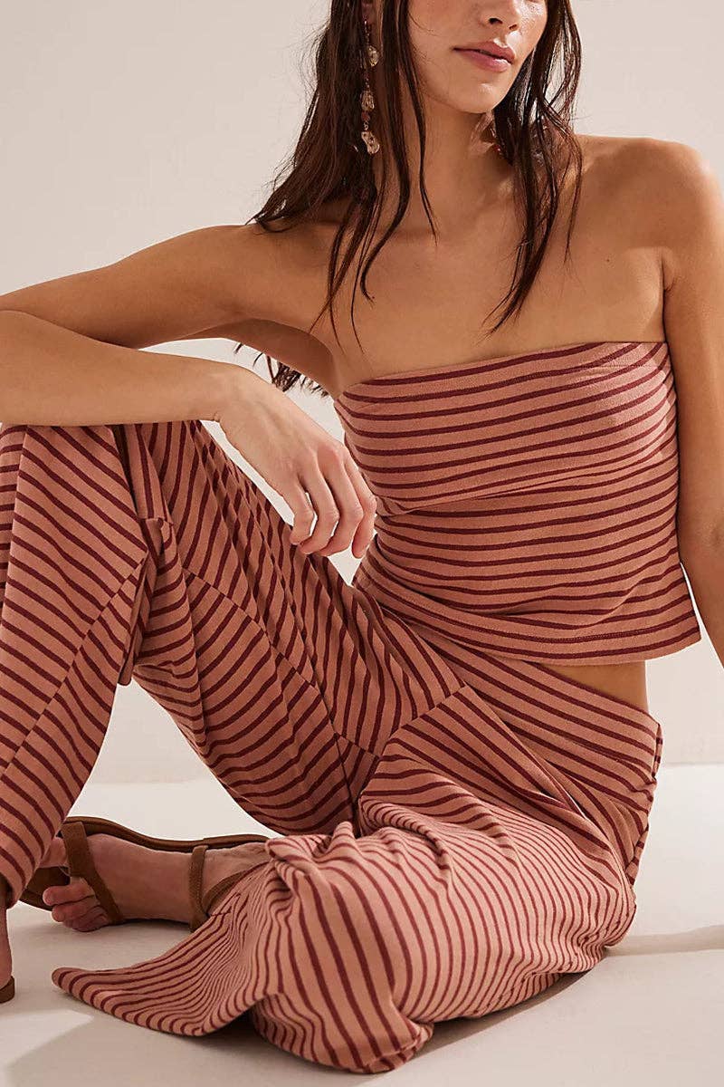 Strapless Striped Pants Set: PINK / M