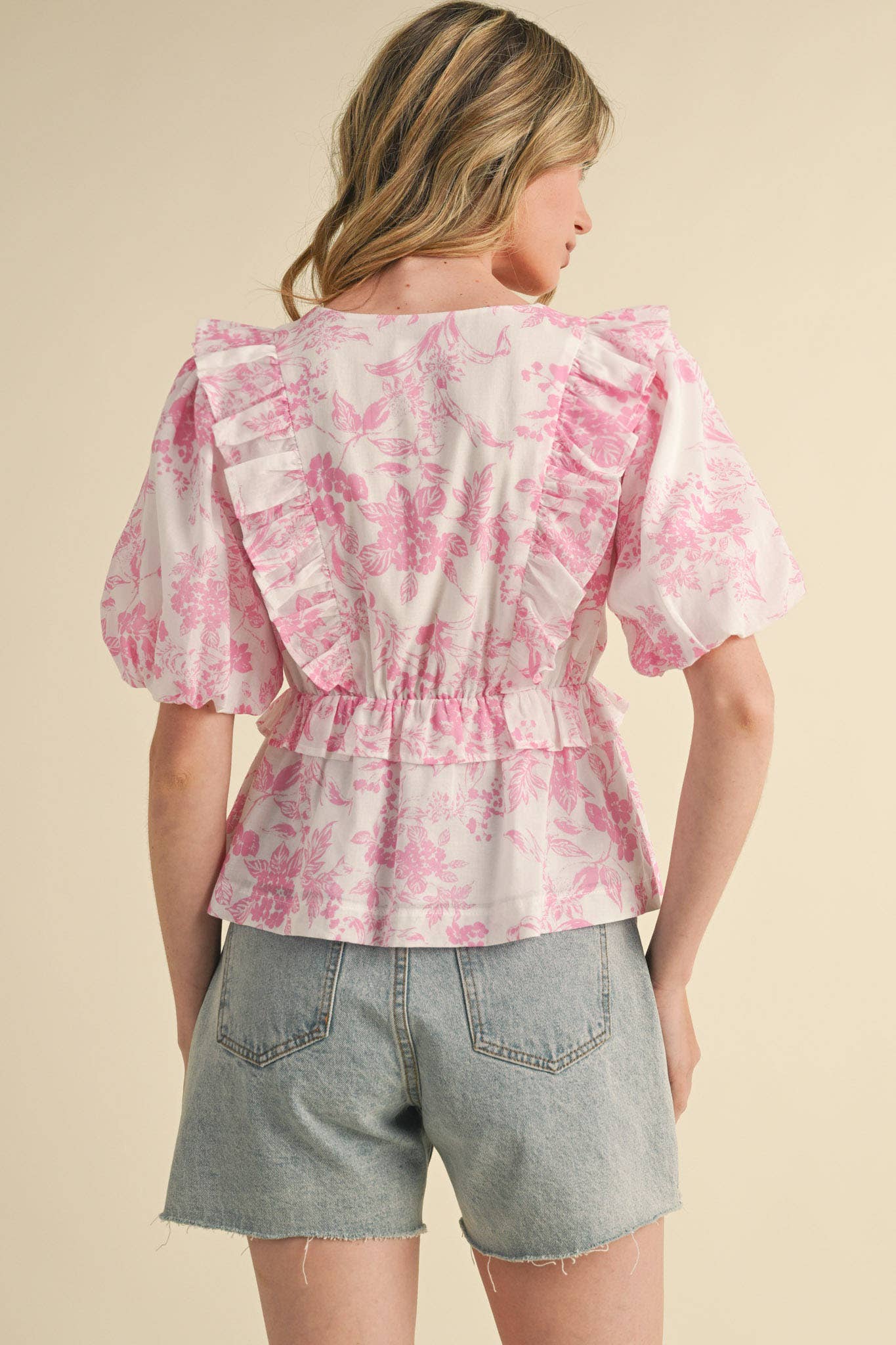 EXCLUSIVE PRINT FLORAL RUFFLED BUBBLE SLEEVE TOP