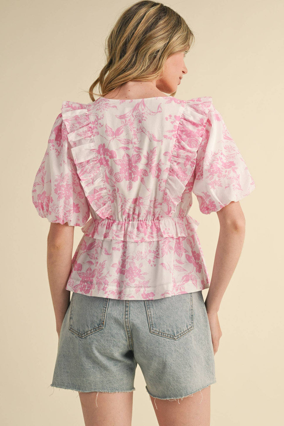 EXCLUSIVE PRINT FLORAL RUFFLED BUBBLE SLEEVE TOP