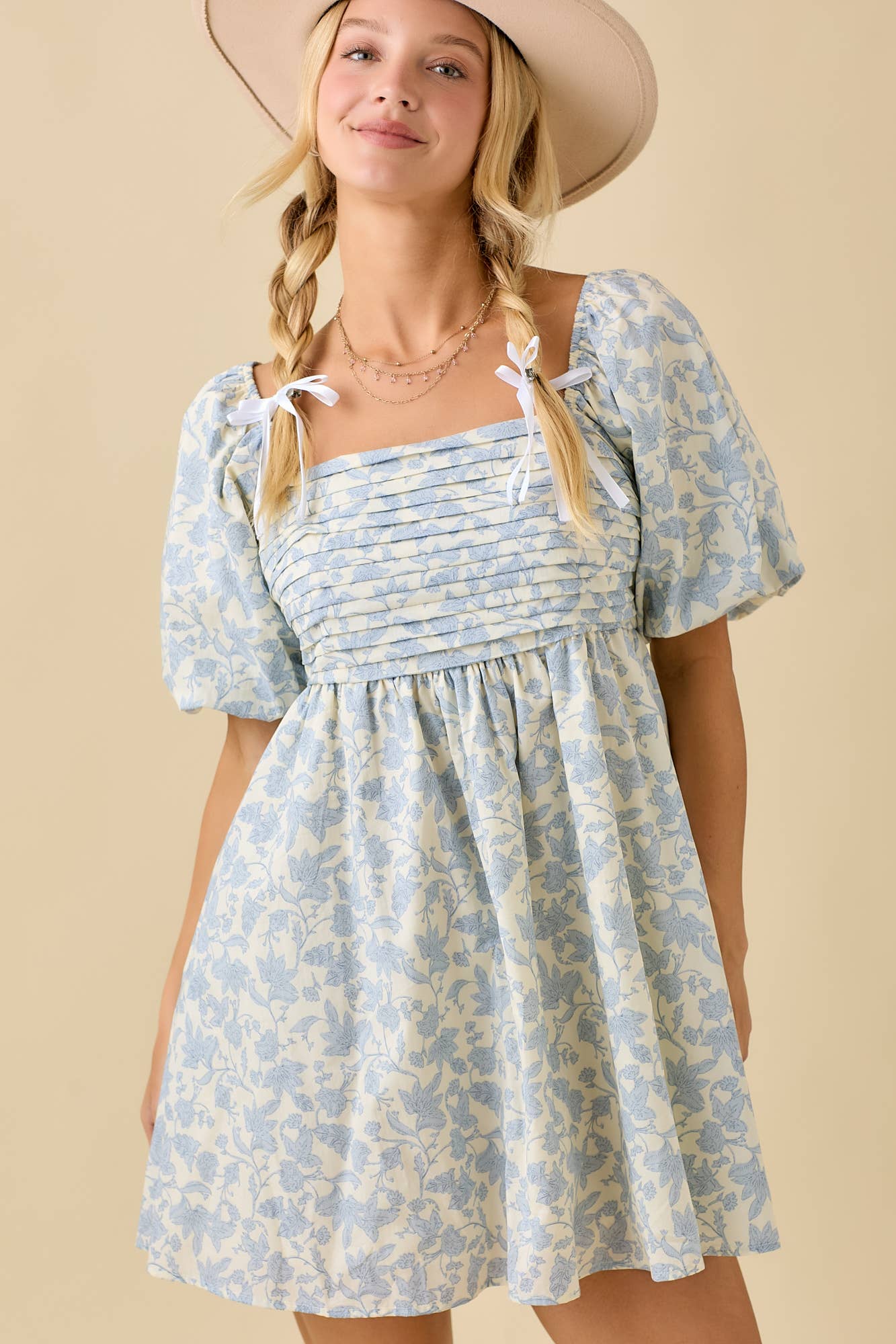 *Pleated Bubble Sleeve Mini Baby Doll Dress