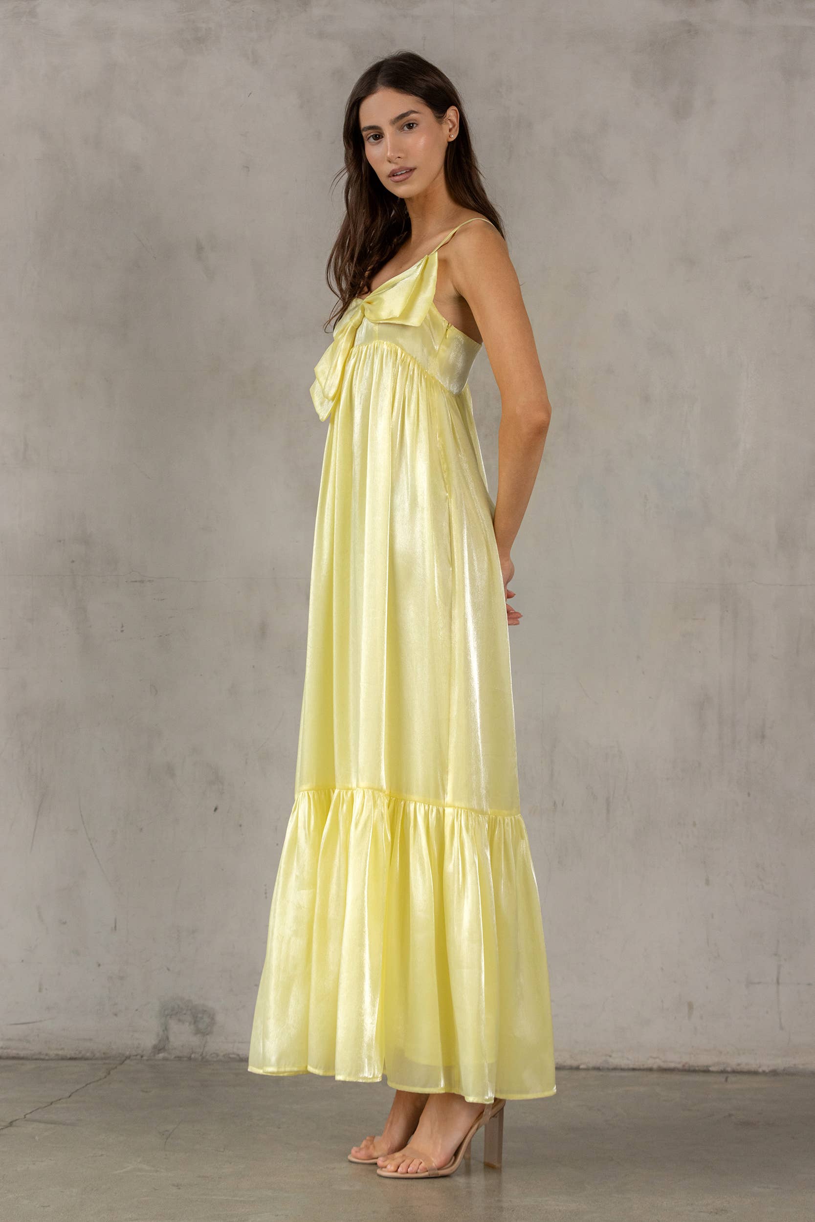 SATIN METALLIC SHEEN MAXI BOW DRESS