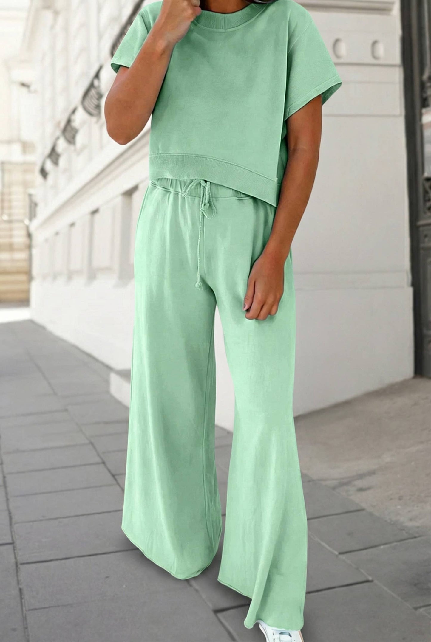 Soft Color Tee & Wide Leg Pants 2pcs Set green