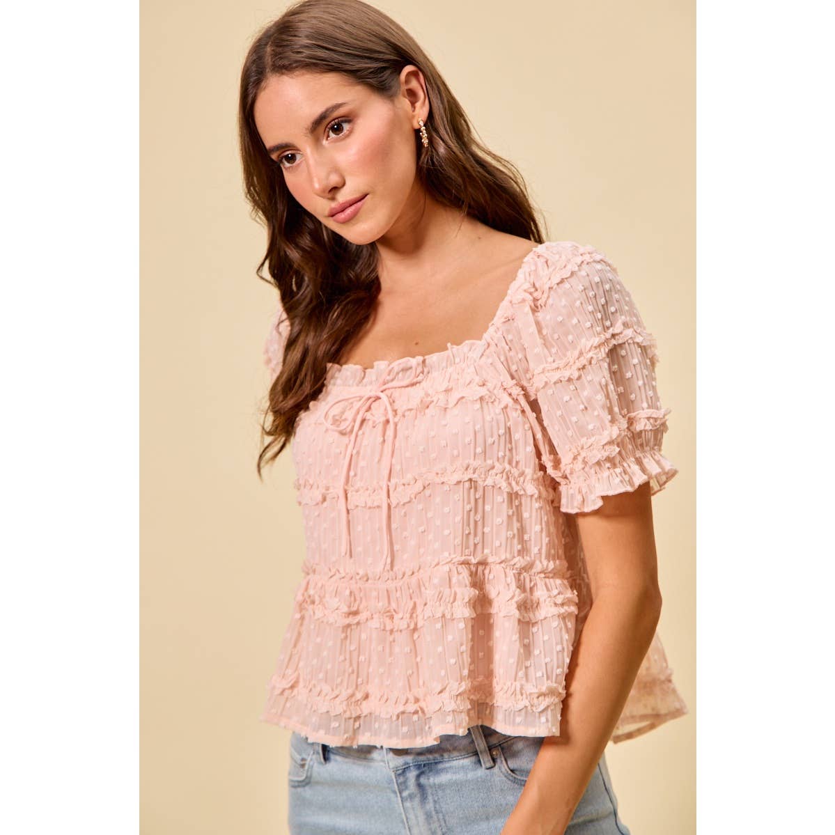 TEXTURED CLIP DOT RUFFLE SHORT SLEEVES BLOUSE TOP