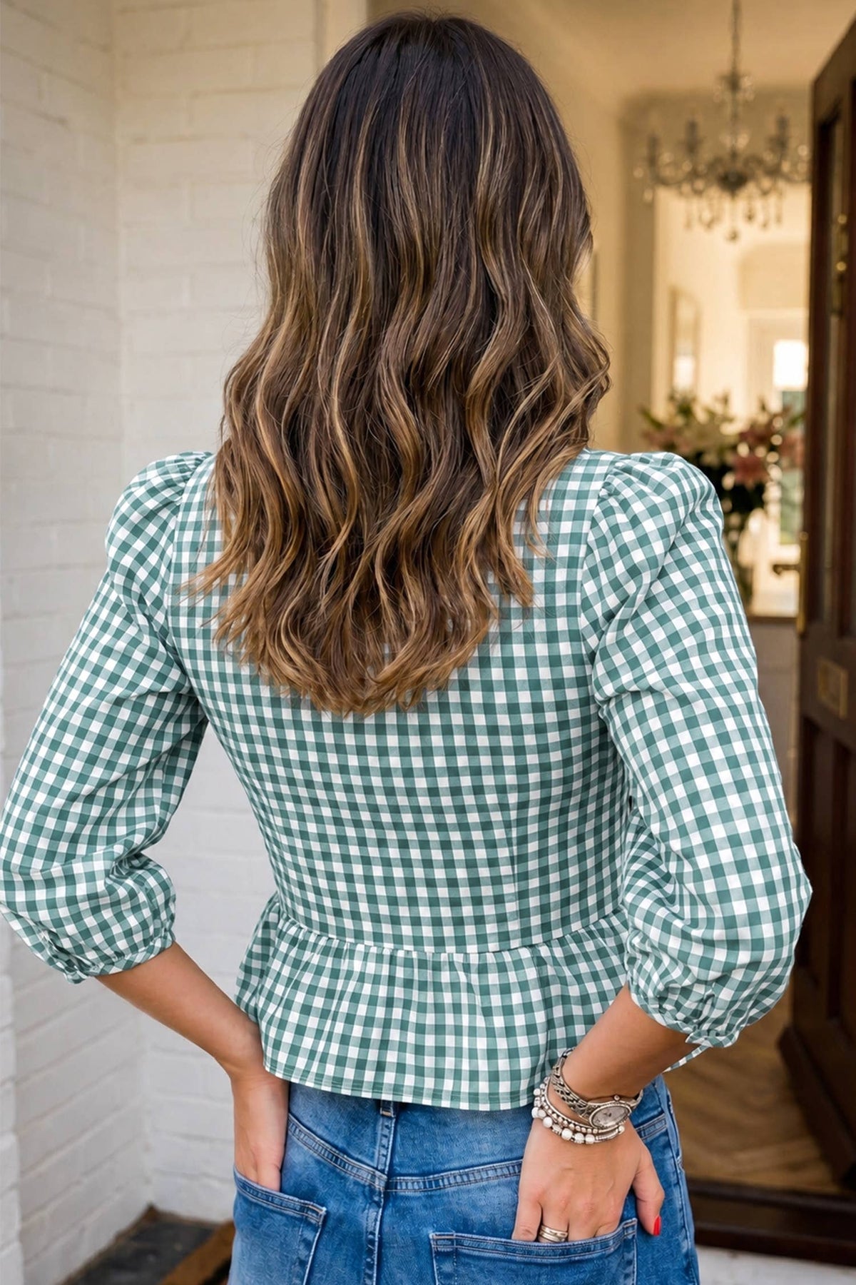 LAS Plaid Smocked Bubble Sleeve Casual Blouse