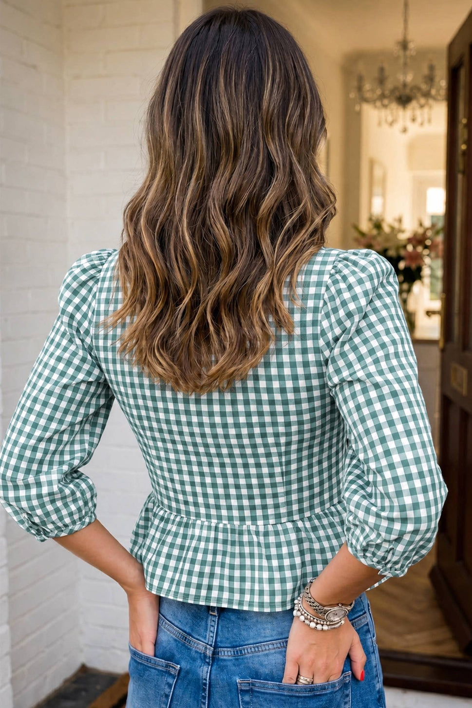 LAS Plaid Smocked Bubble Sleeve Casual Blouse