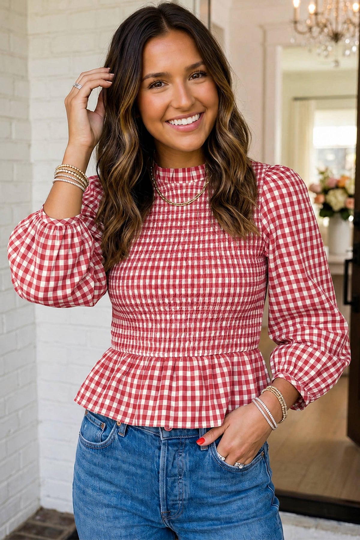 LAS Plaid Smocked Bubble Sleeve Casual Blouse