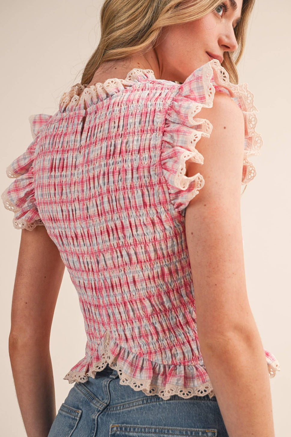 *Pink Plaid Smocked Lace Trim Top
