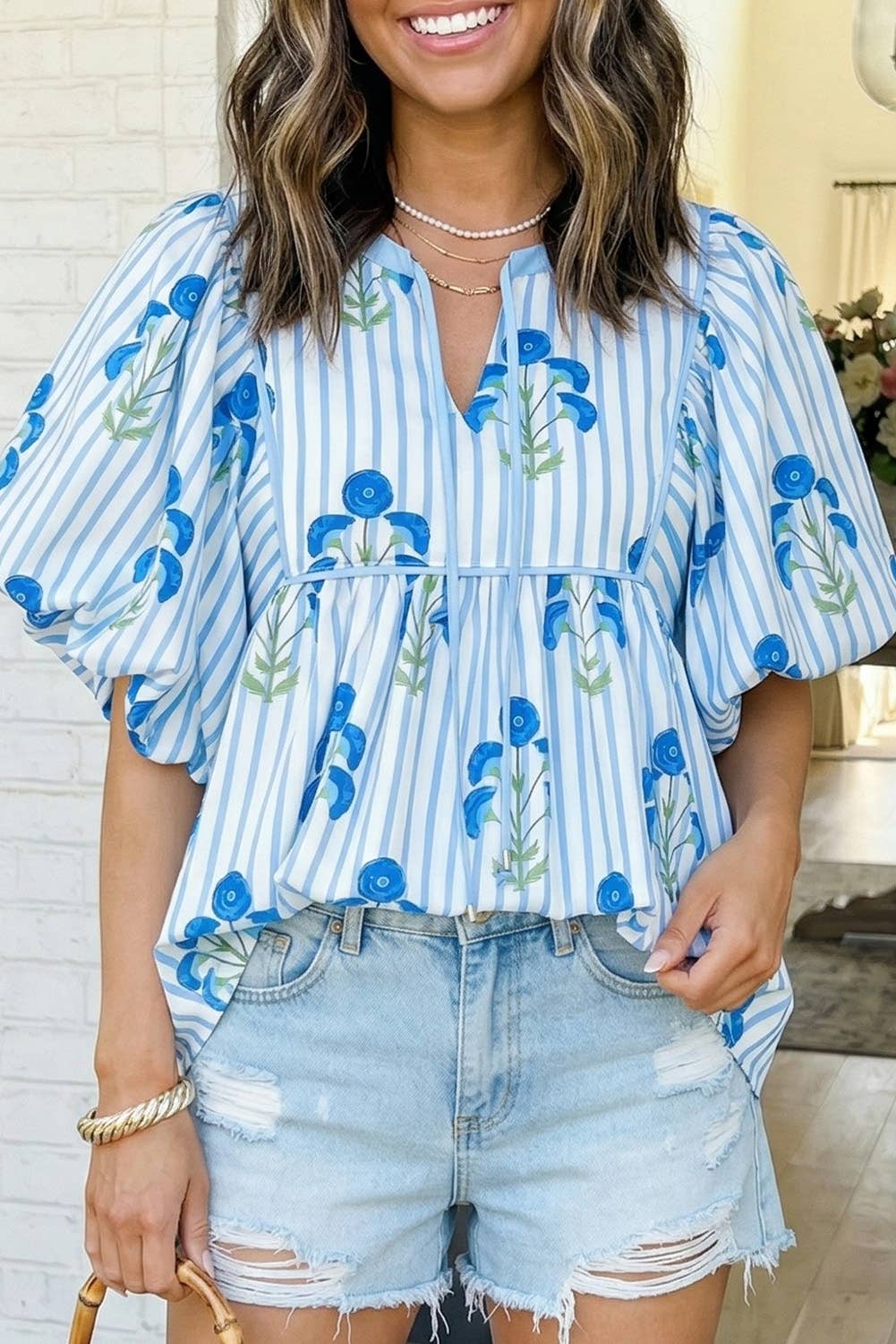 Striped Floral Bubble Sleeve Blouse