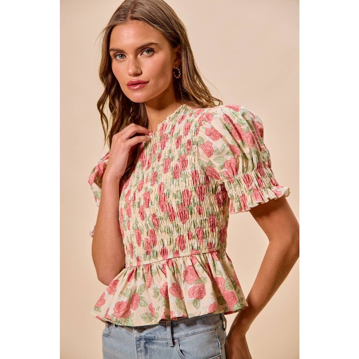 Floral Rose Print Smocked Short Sleeves Blouse Top: ROSE PINK