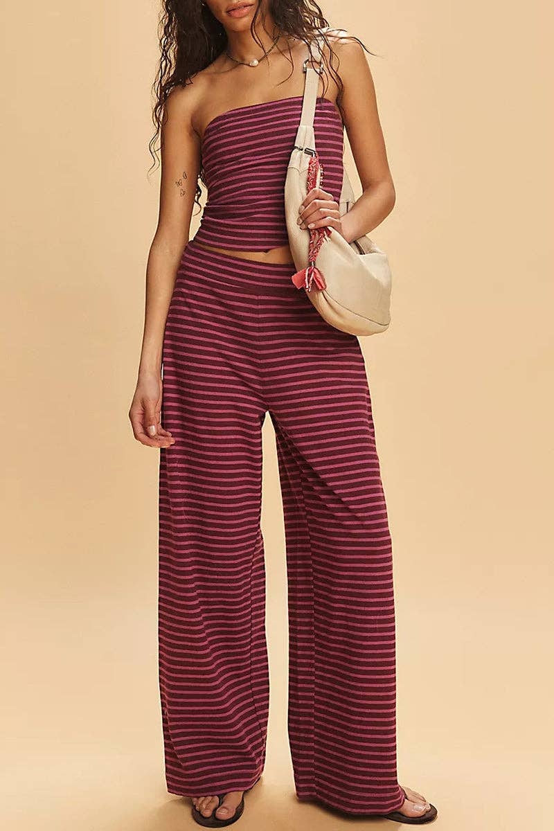 Strapless Striped Pants Set: PINK / M