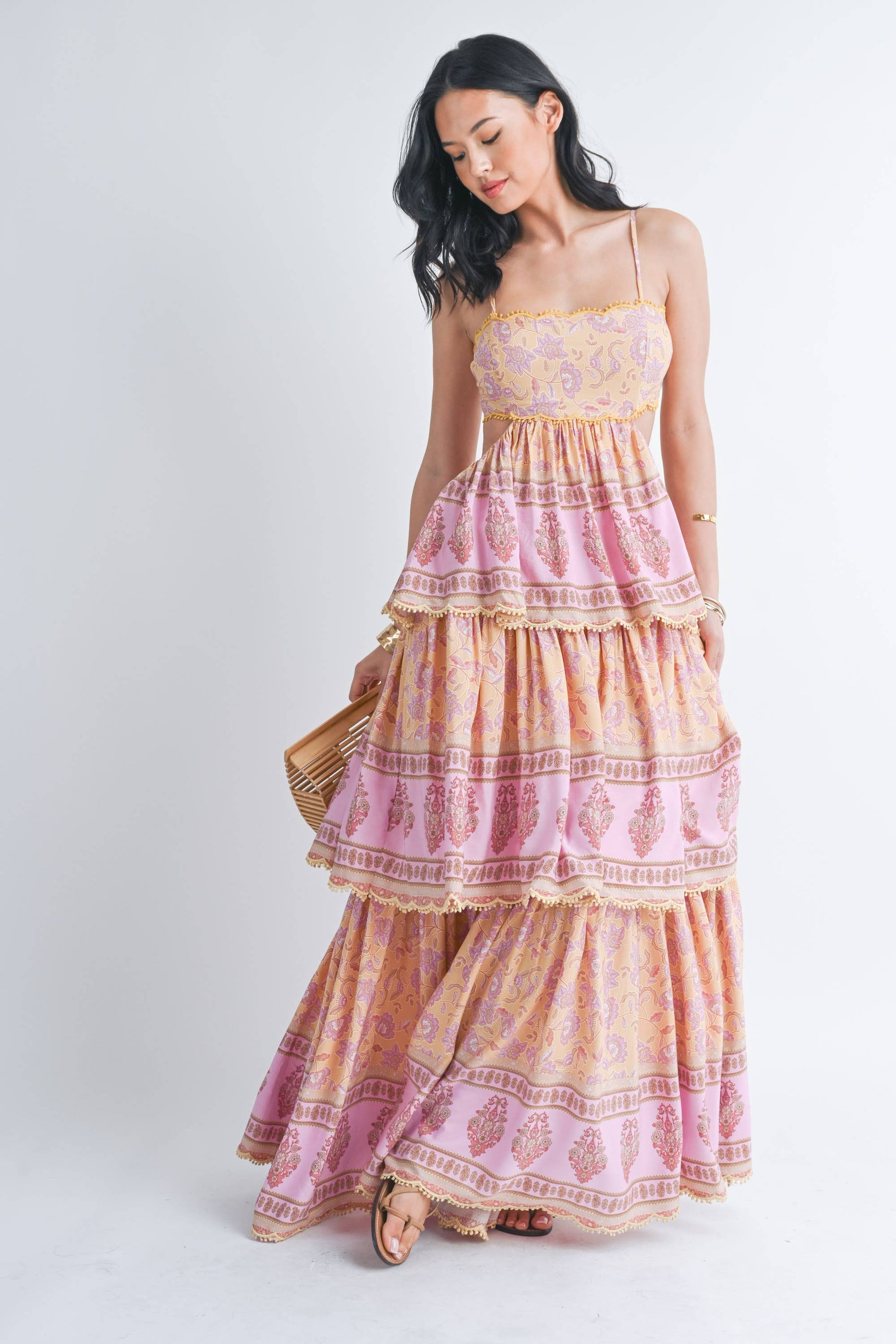 THREE TIER PRINTED MAXI DRESS WITH POM POM TRIM
