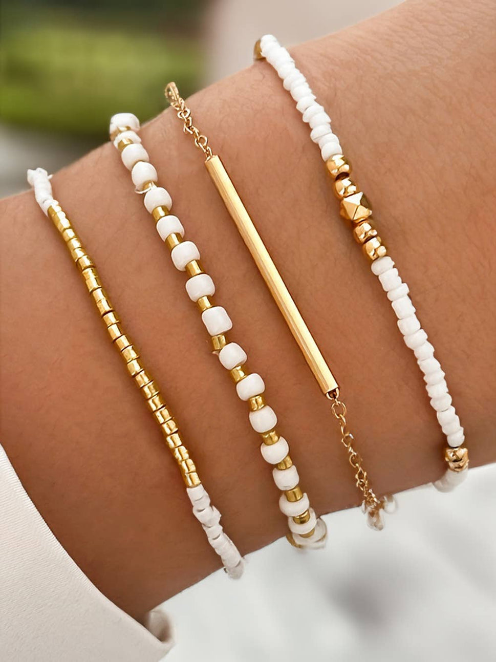 Tiny Beaded Multi Layer Bracelet Set: Gold