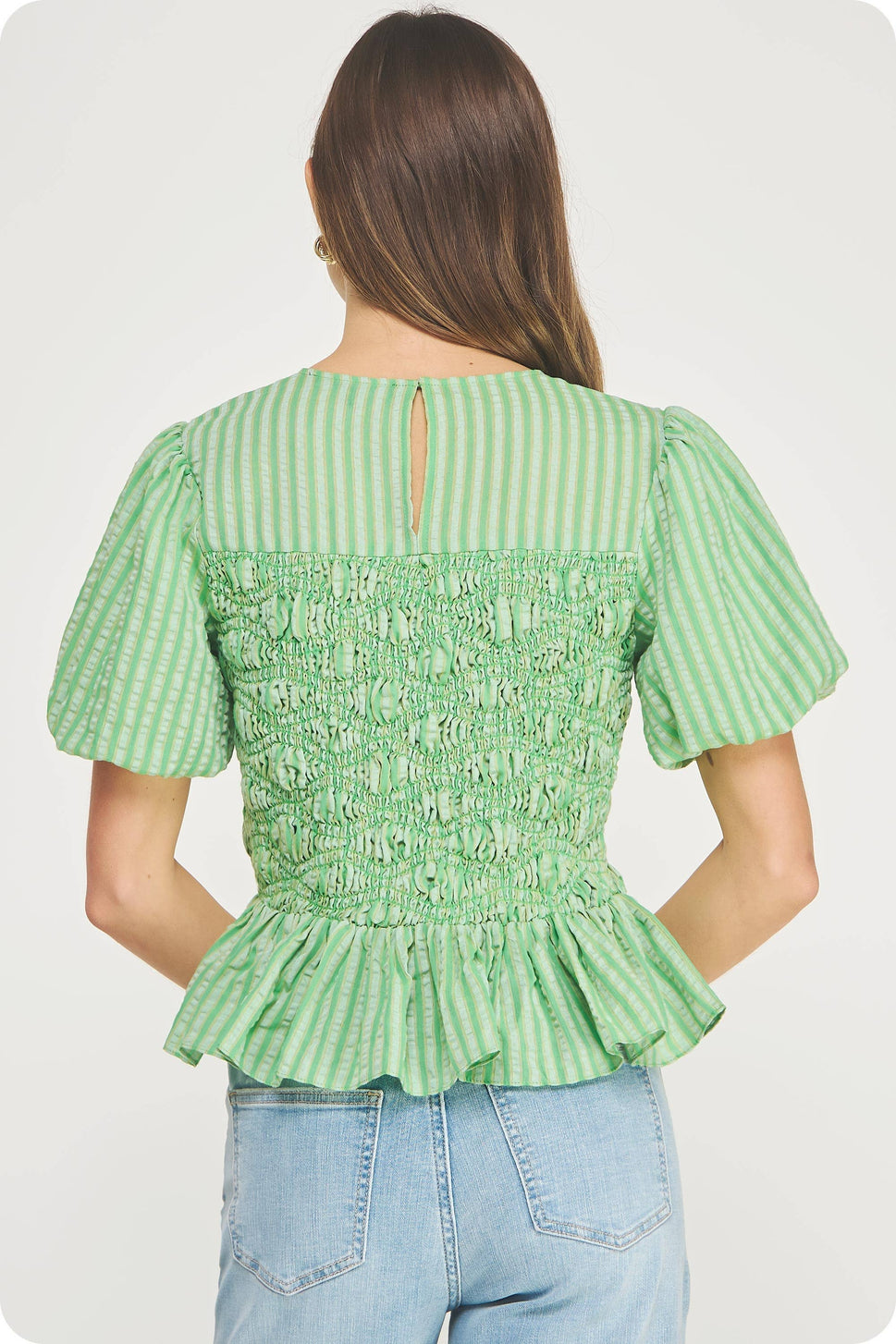 Wavy Smocking Detail Short Puff Sleeve Top