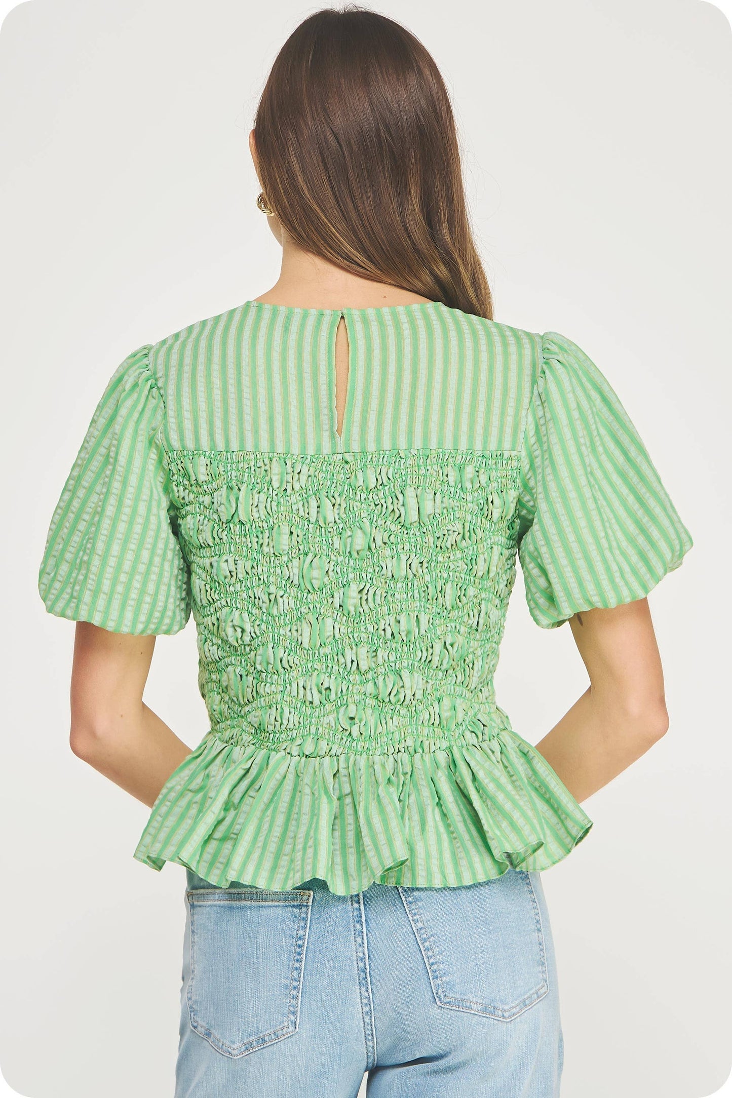 Wavy Smocking Detail Short Puff Sleeve Top