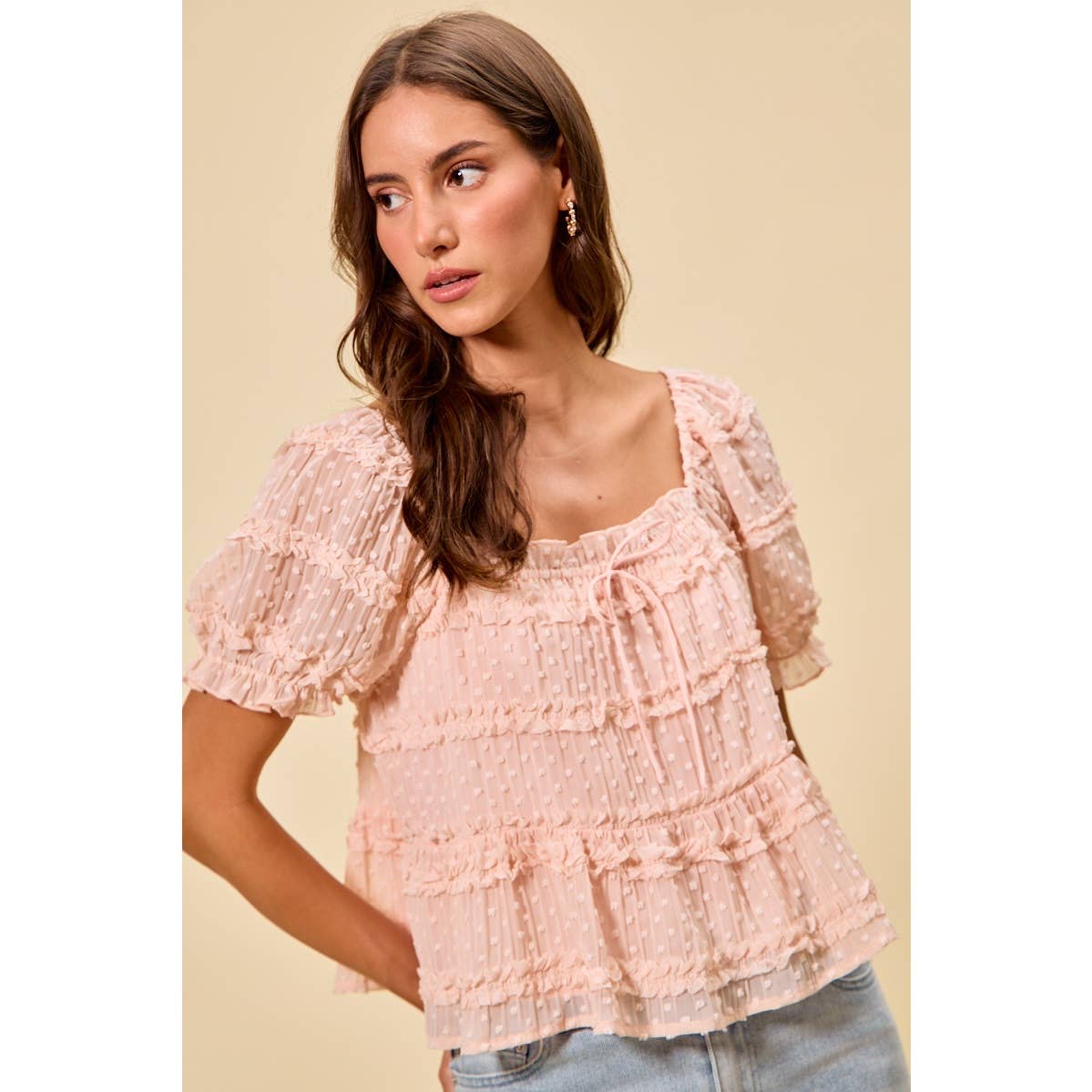 TEXTURED CLIP DOT RUFFLE SHORT SLEEVES BLOUSE TOP