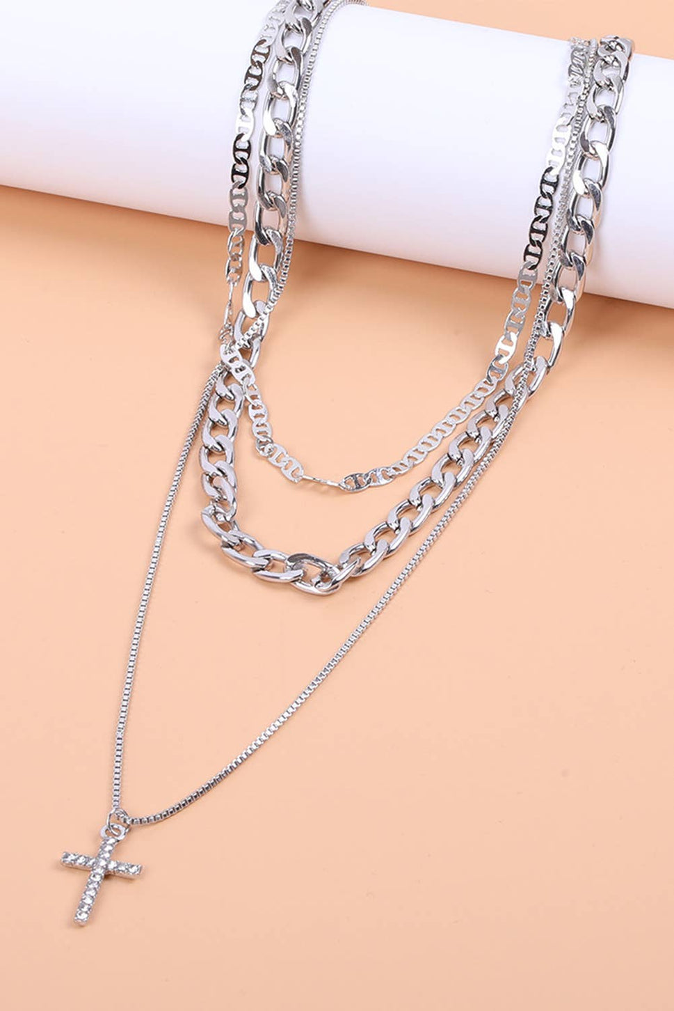 Plated Cross Pendant Multi Layer Stacked Chains Necklace: Gold / ONE SIZE