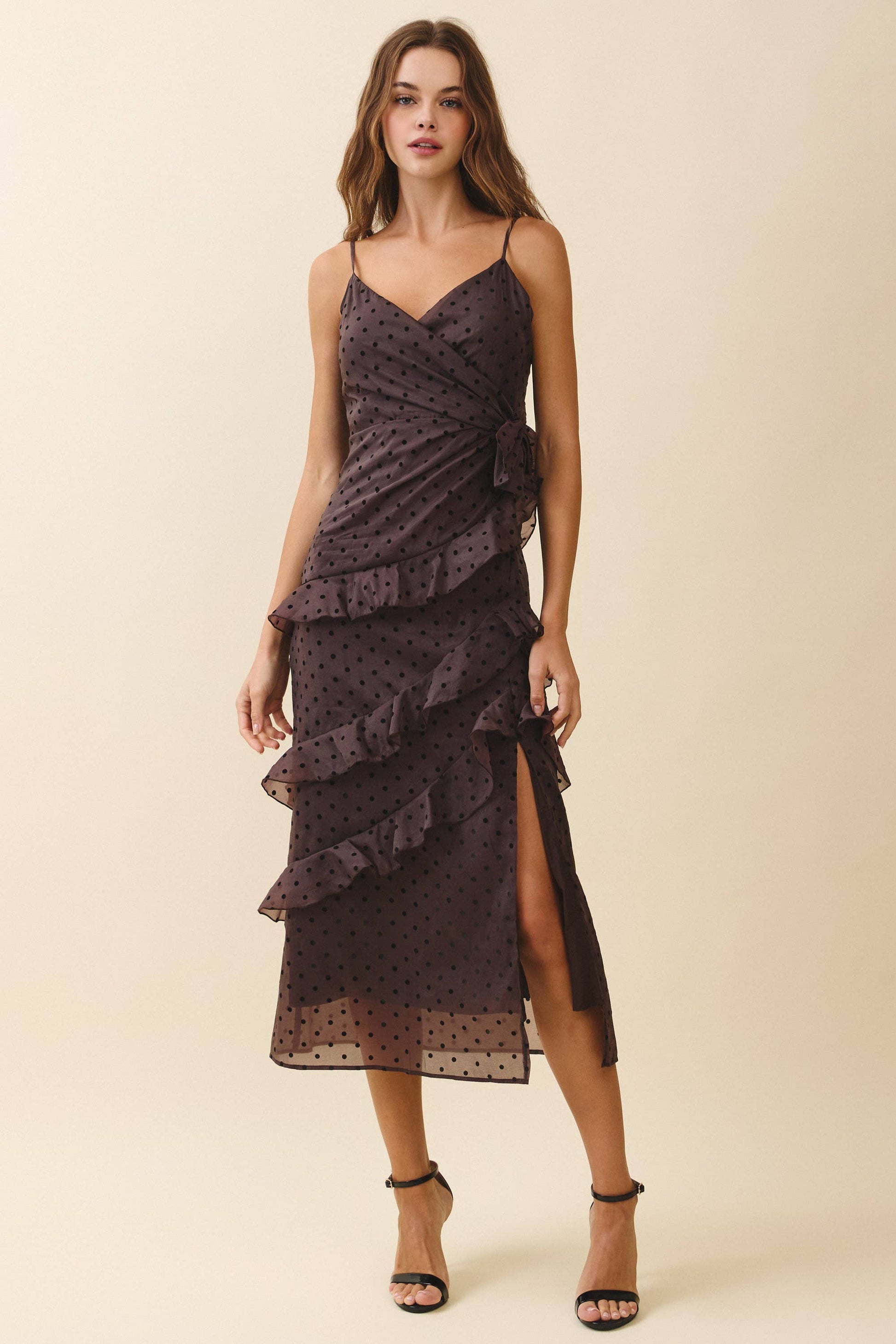Surplice Neck Cascading Ruffle Polka Dot Dress