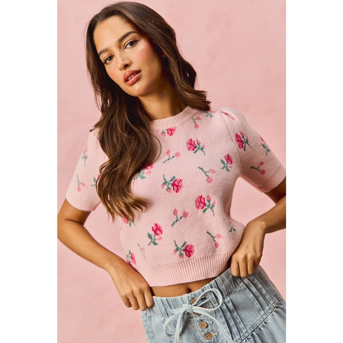 FLORAL PATTERN KNIT PUFF SLEEVES SWEATER TOP