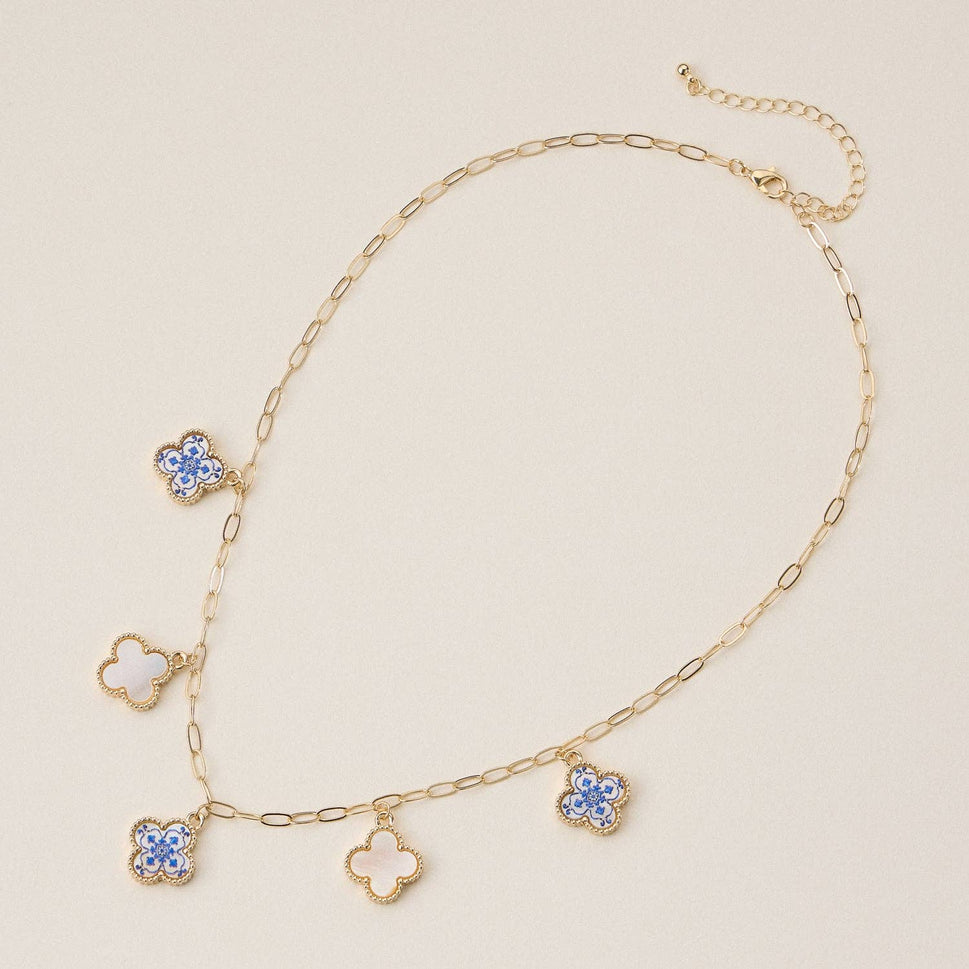 Blue Floral & Pearl Clover Charm Necklace: One / M-5SN11125