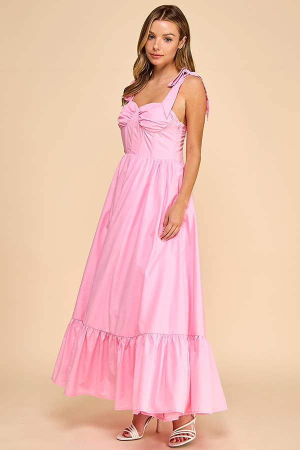 Bustier maxi dress with ruffle skirt and tied shoulder strap
