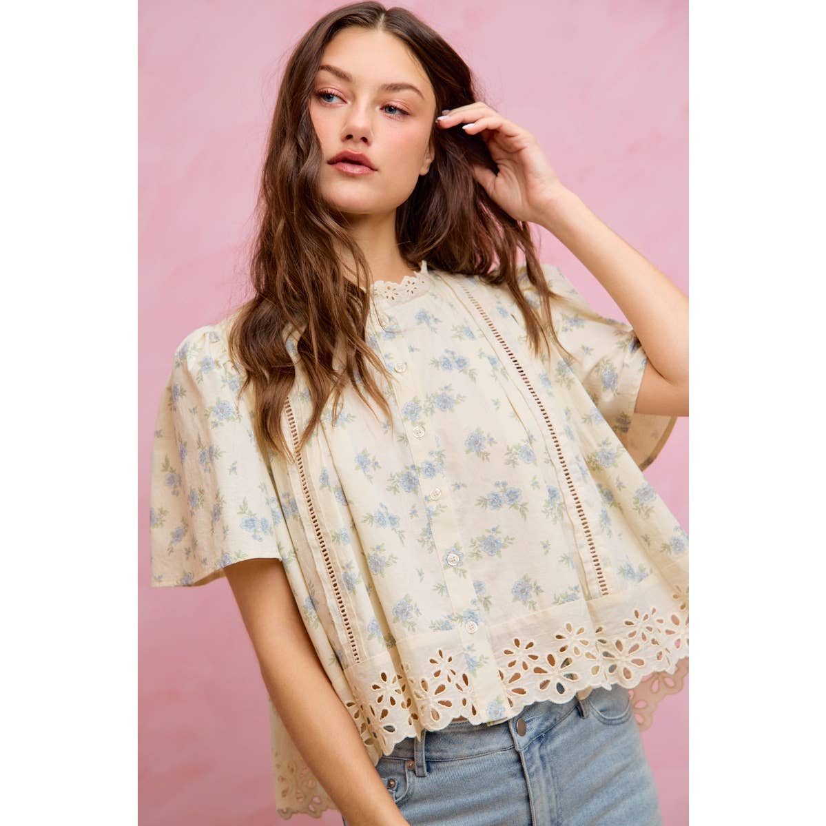 FLORAL PRINT LACE TRIM FLUTTER SLEEVES BLOUSE TOP