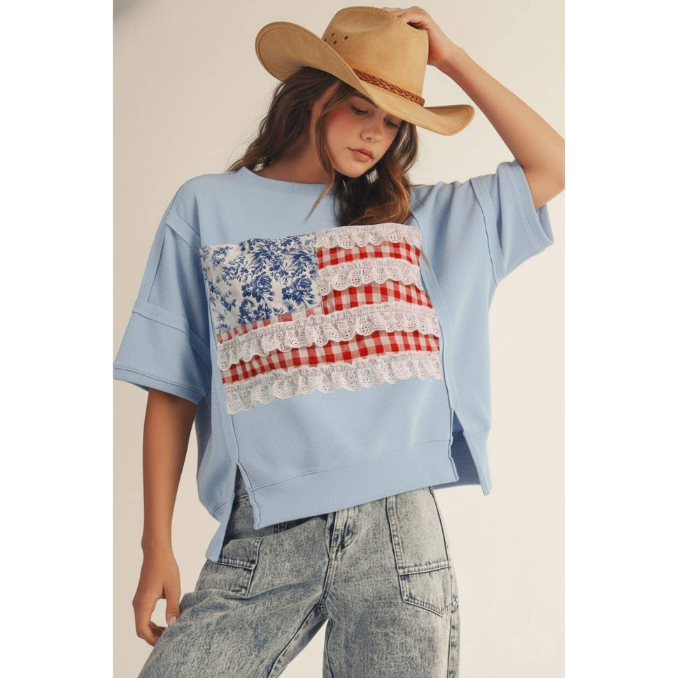 4th Of July Lace Trim Patch Pullover Sweatshirt: ICE BLUE