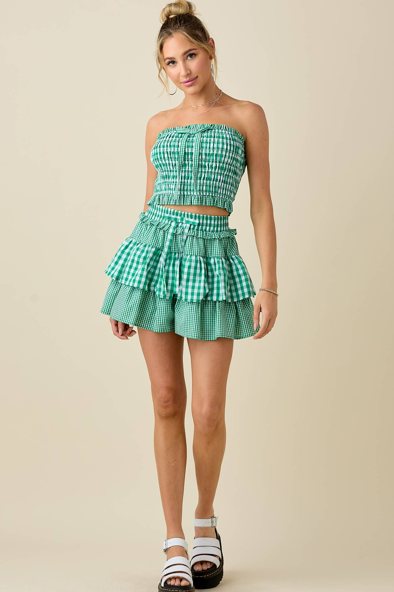 Mixed gingham tube top with ruffle short set