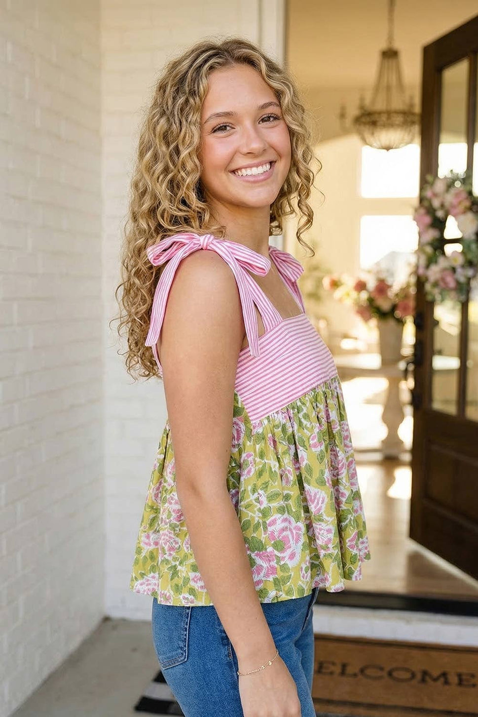 LAS-LIVE Floral Printed Knot Straps Babydoll Tank Top
