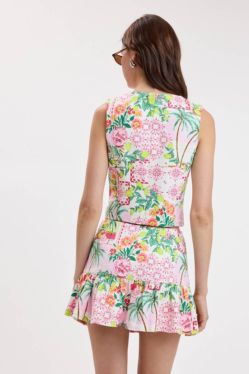BREEZY TROPICAL SLIT VEST TOP & MINI SKORT SET