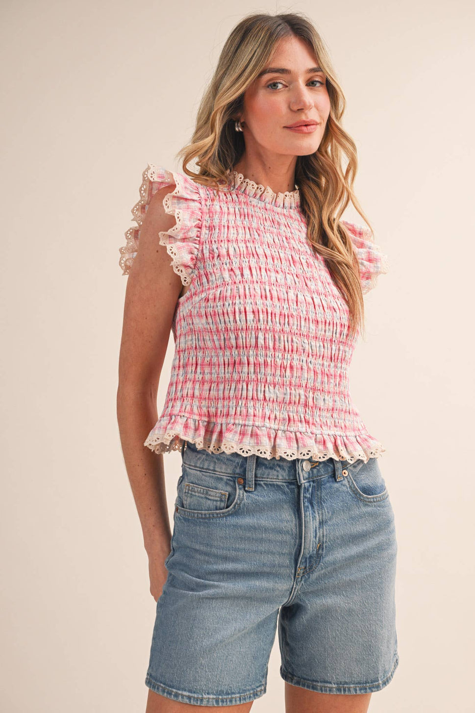 *Pink Plaid Smocked Lace Trim Top