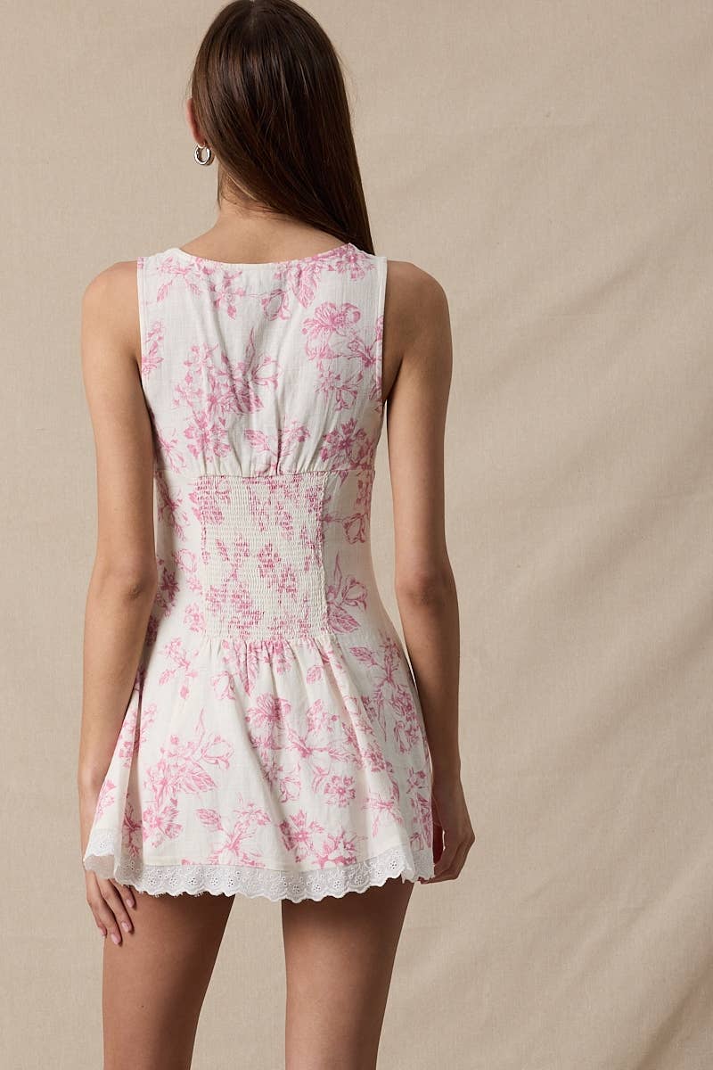 HIBISCUS FLORAL V-NECK SCALLOP LACE MINI DRESS