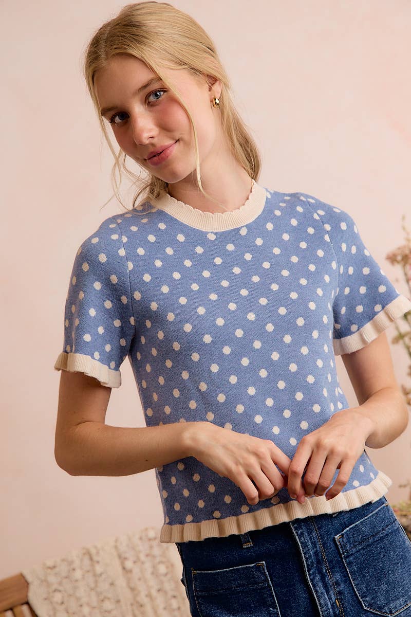 Polka Dot Ruffled Short Sleeves Sweater Knit Top