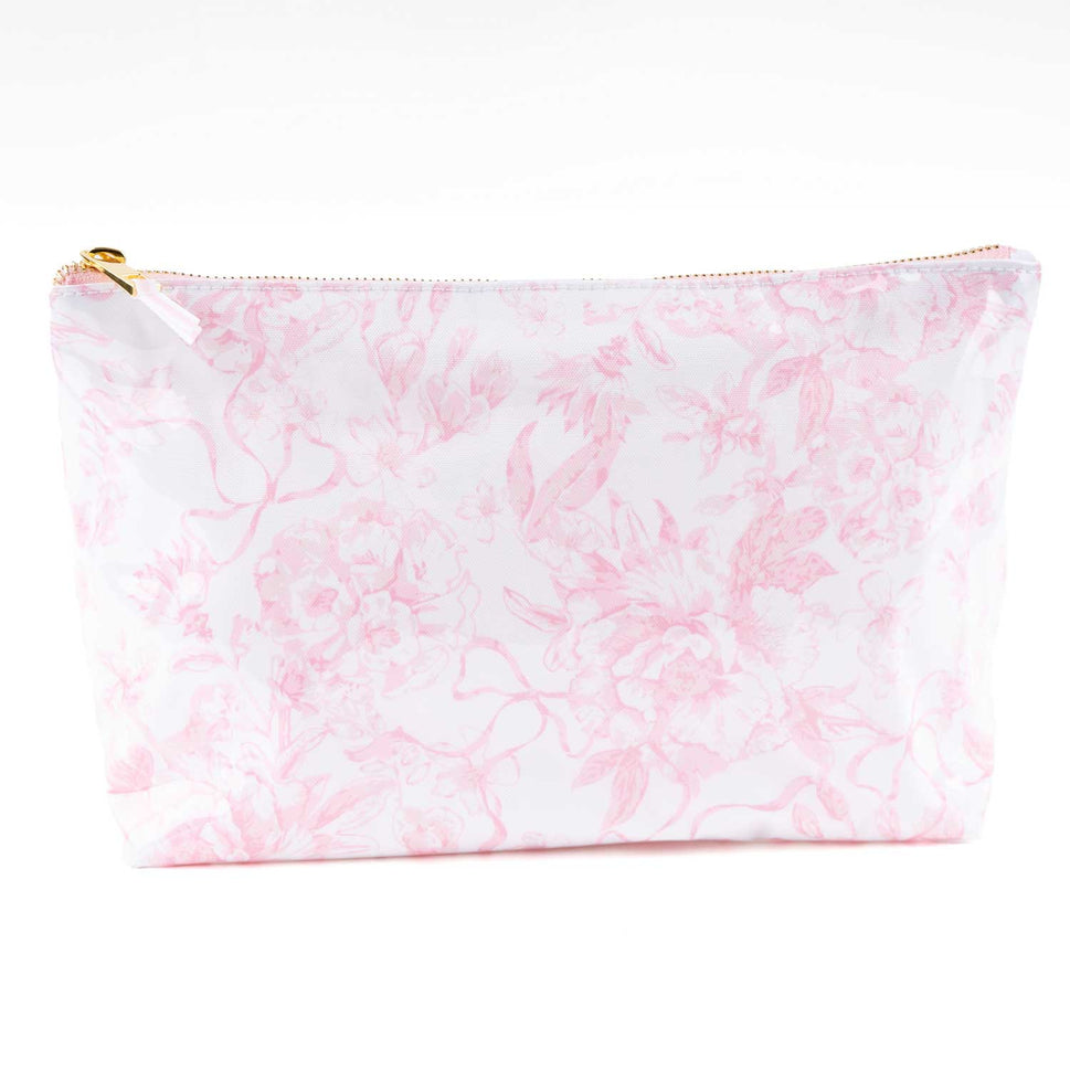 PINK BOW TOILE CLEAR COATED TRAVEL COSMETIC BAG CASE