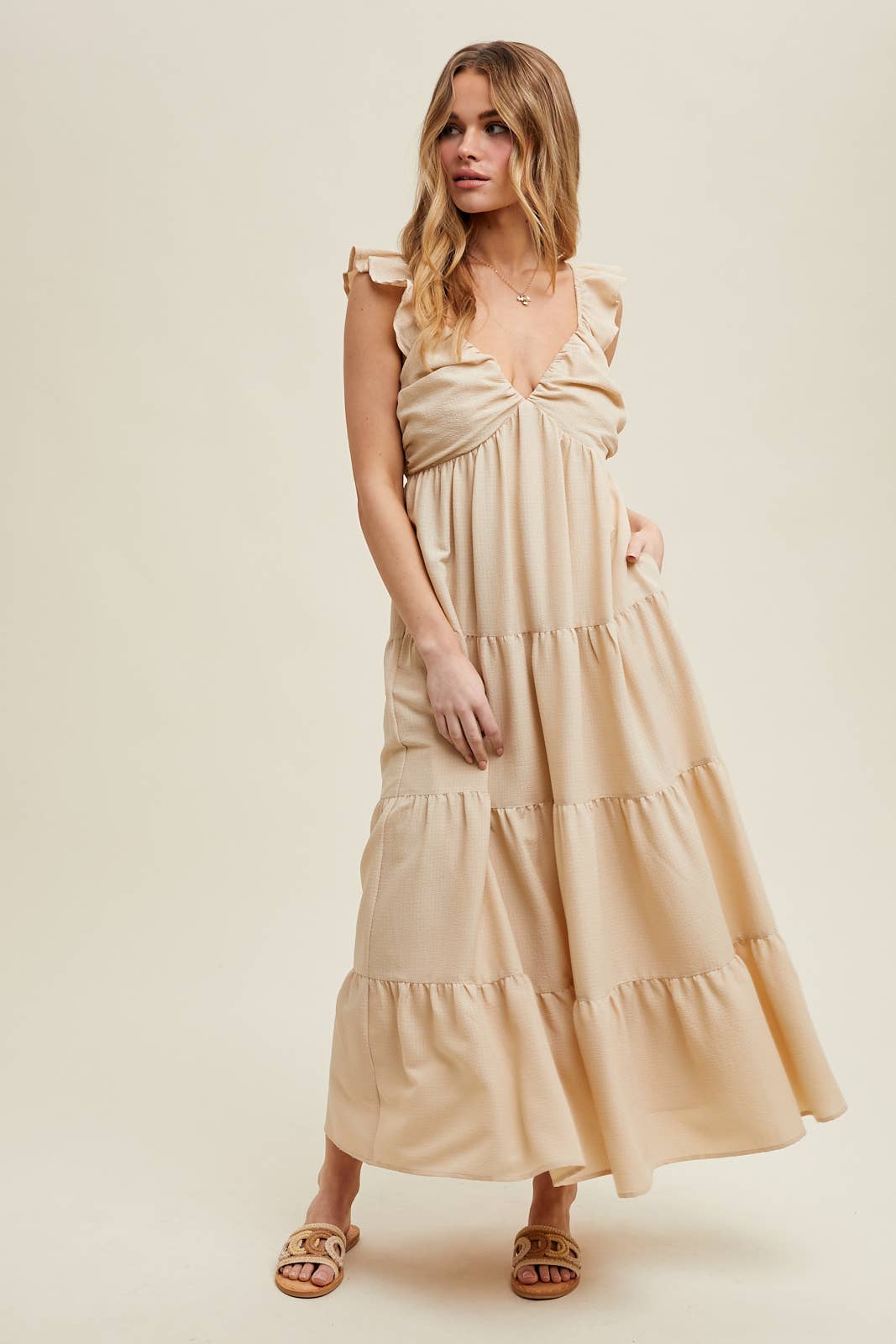 TEXTURED TIERED MIDI DRESS