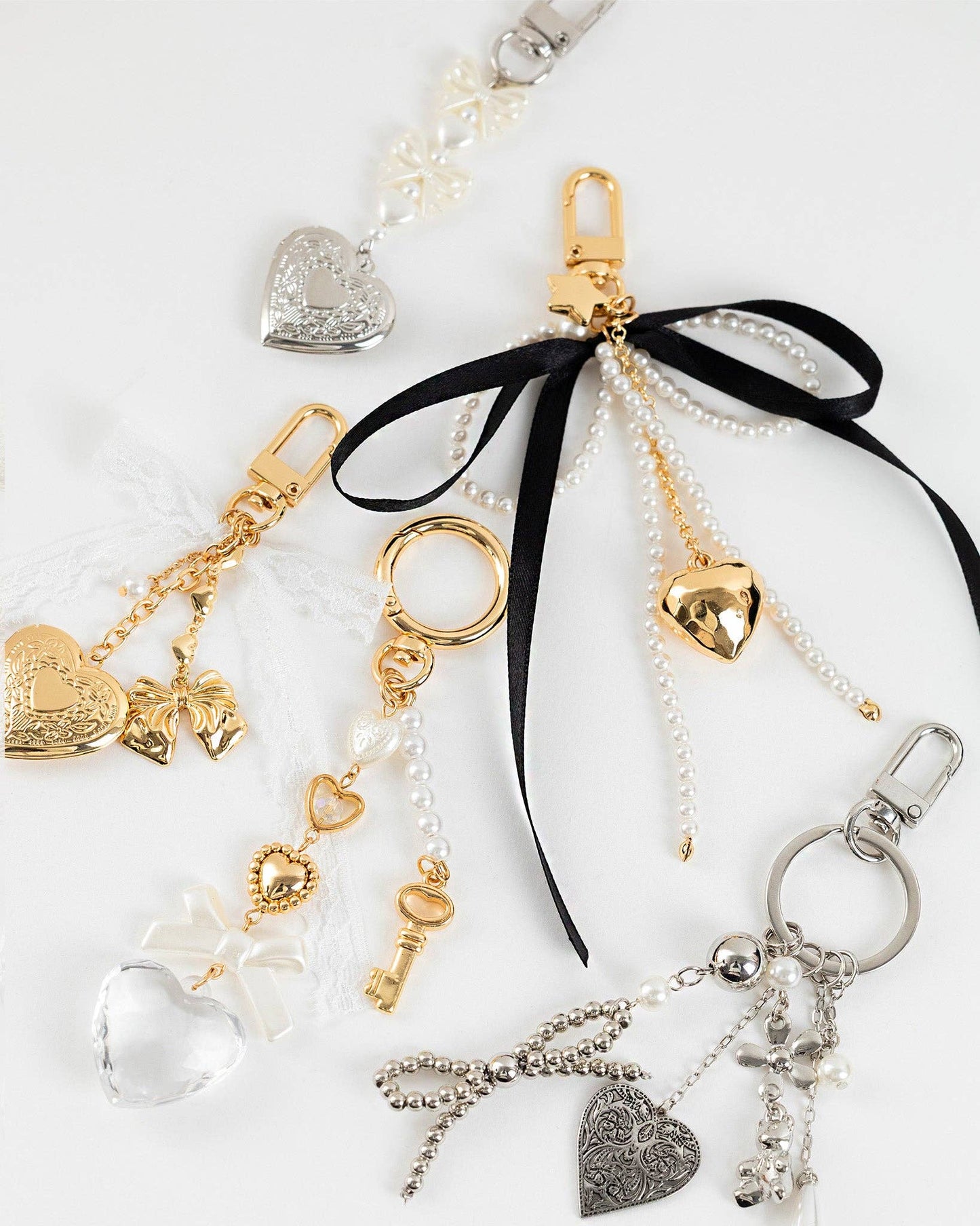 Romantic Heart Coquette Pearl Key Bag Charm: Gold