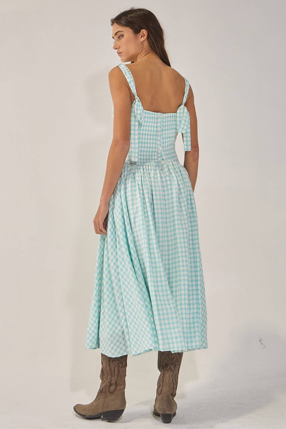 CONVERTIBLE SHOULDER STRAPS SMOCKED CHECK MIDI DRESS