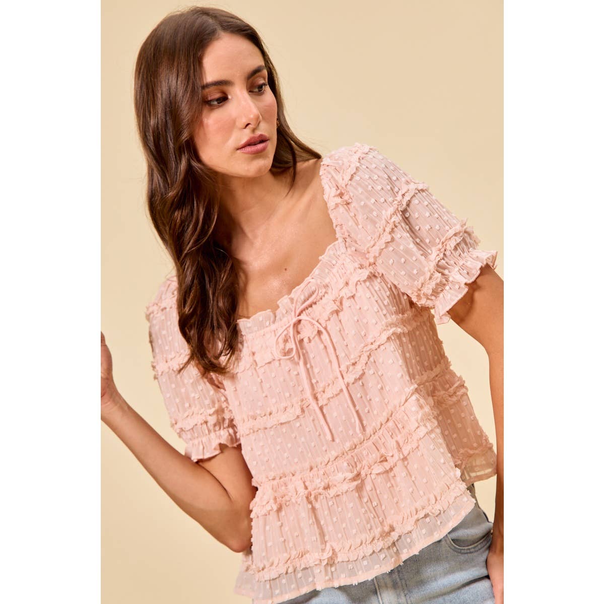 TEXTURED CLIP DOT RUFFLE SHORT SLEEVES BLOUSE TOP