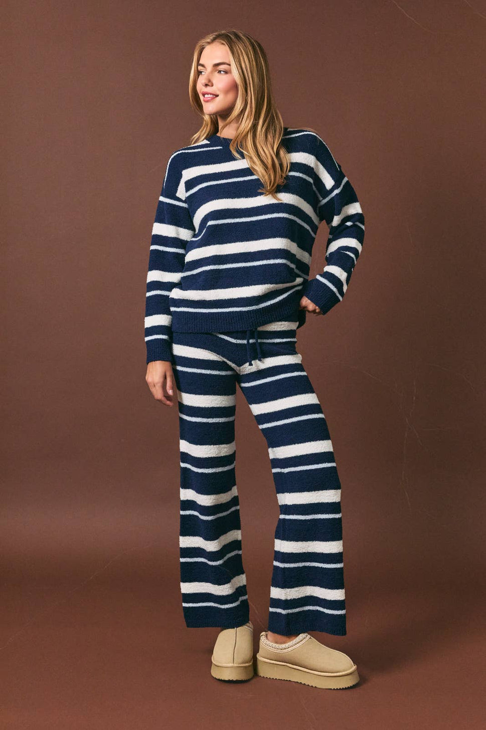 LONG SLEEVE STRIPE SWEATER TOP WITH WIDE LEG SWEATER PANTS