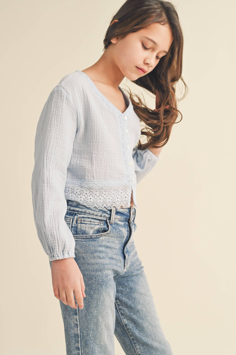 TWEEN KIDS GIRLS LONG SLEEVE BUTTON DOWN CROPPED TOP