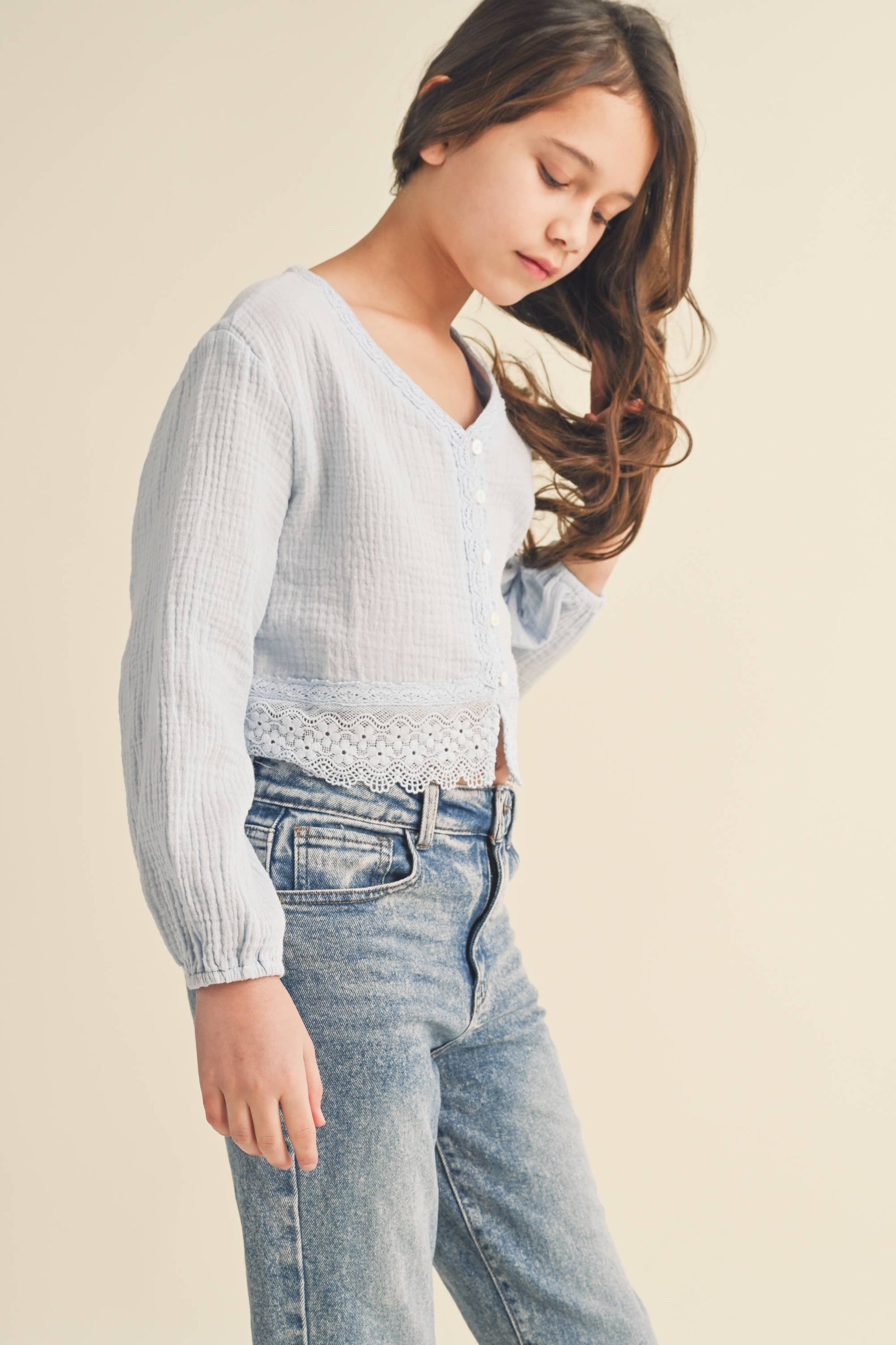 TWEEN KIDS GIRLS LONG SLEEVE BUTTON DOWN CROPPED TOP