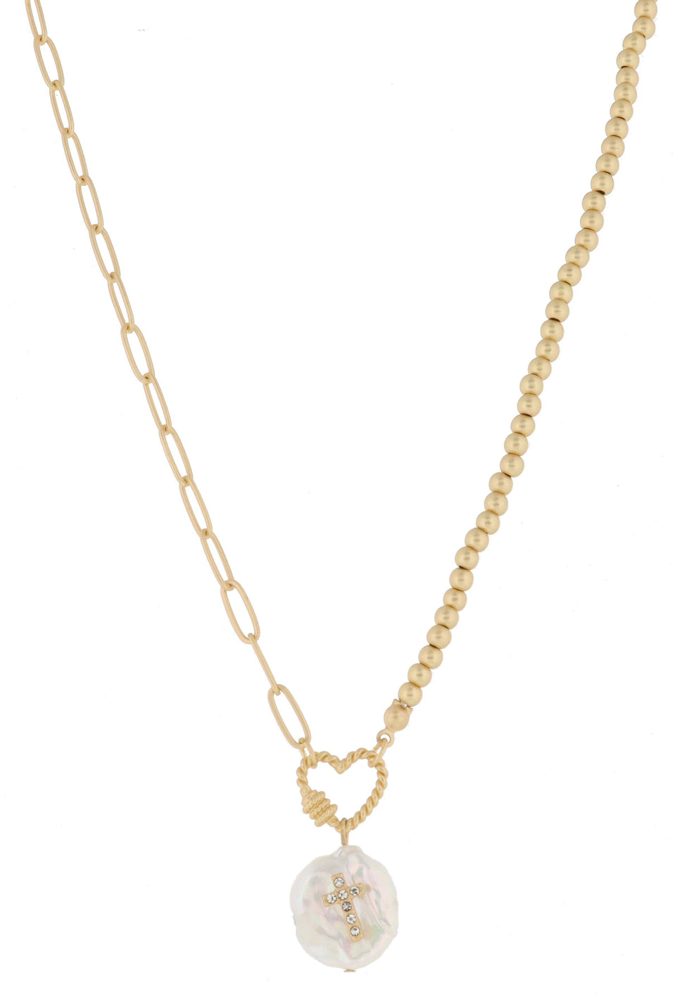 Heart Carabiner & Coin Pearl with Crystal Cross, Necklace