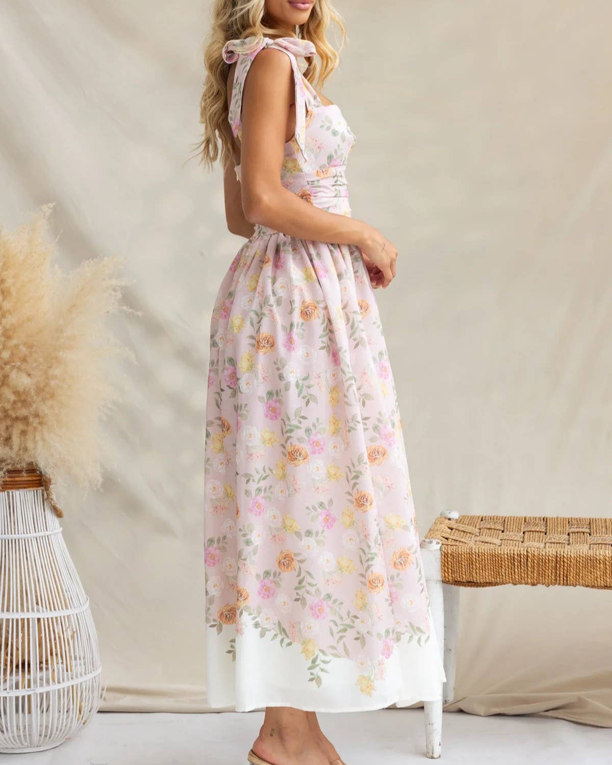 RESORT-INSPIRED FLORAL COLOR-BLOCK SLIP DRESS