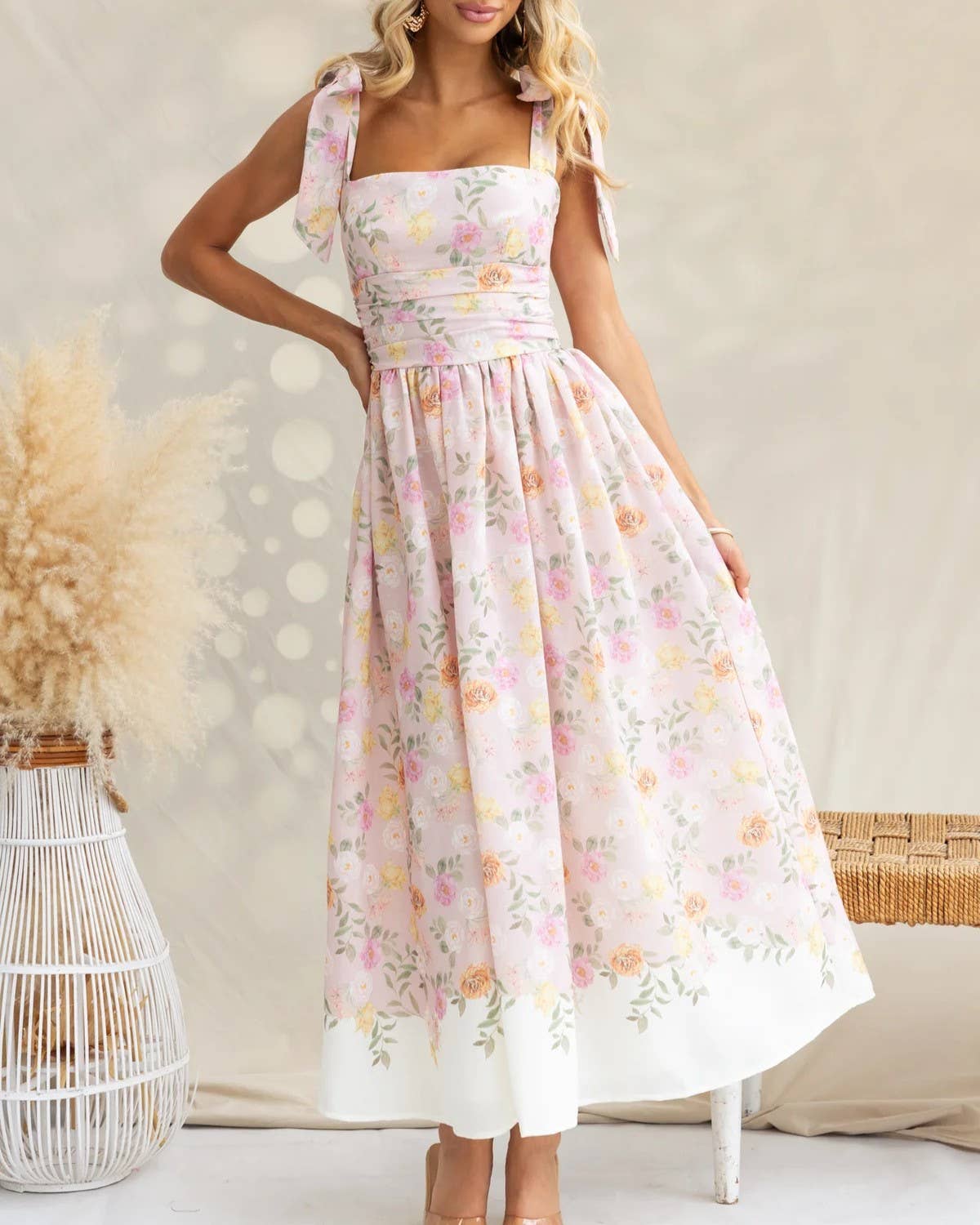 RESORT-INSPIRED FLORAL COLOR-BLOCK SLIP DRESS