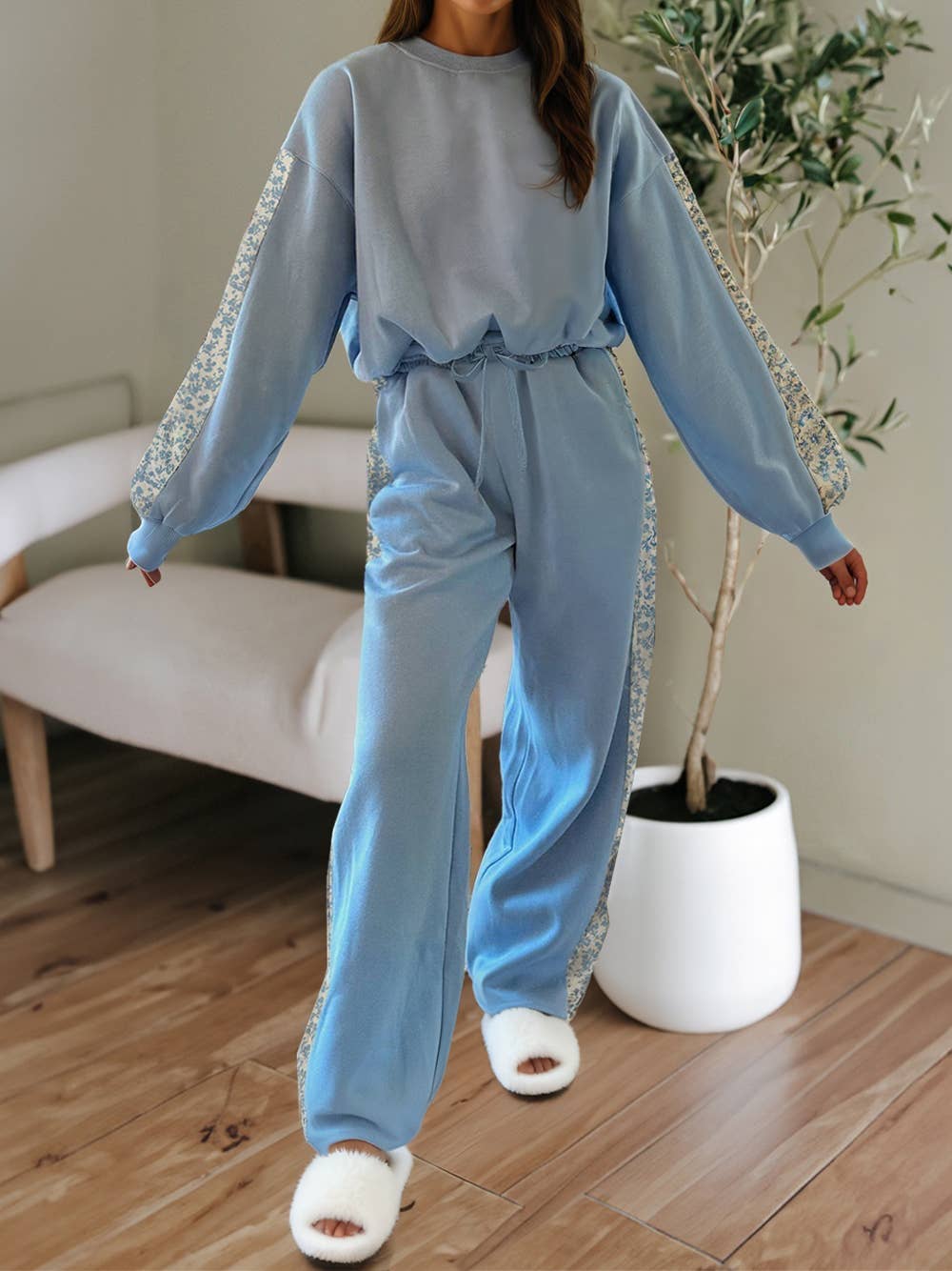 Floral Patchwork Drop Shoulder Pullover and Sweatpants Lounge: L
