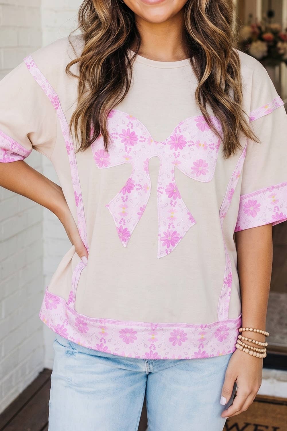 Daisy Floral Bowknot Patchwork Loose T Shirt