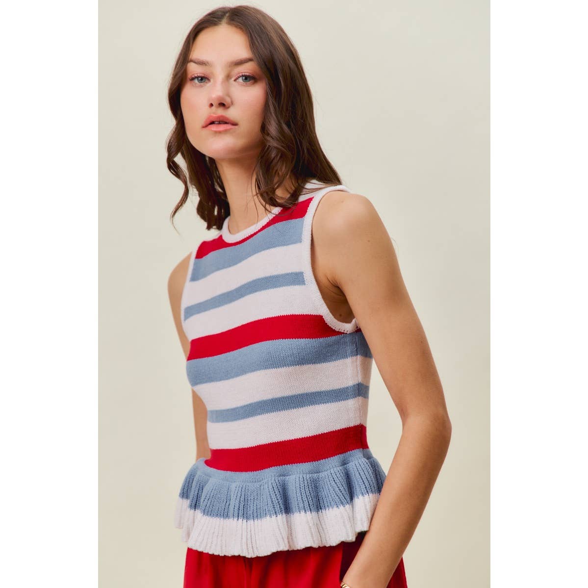4TH OF JULY STRIPE RUFFLE BOTTOM SWEATER KNIT TOP