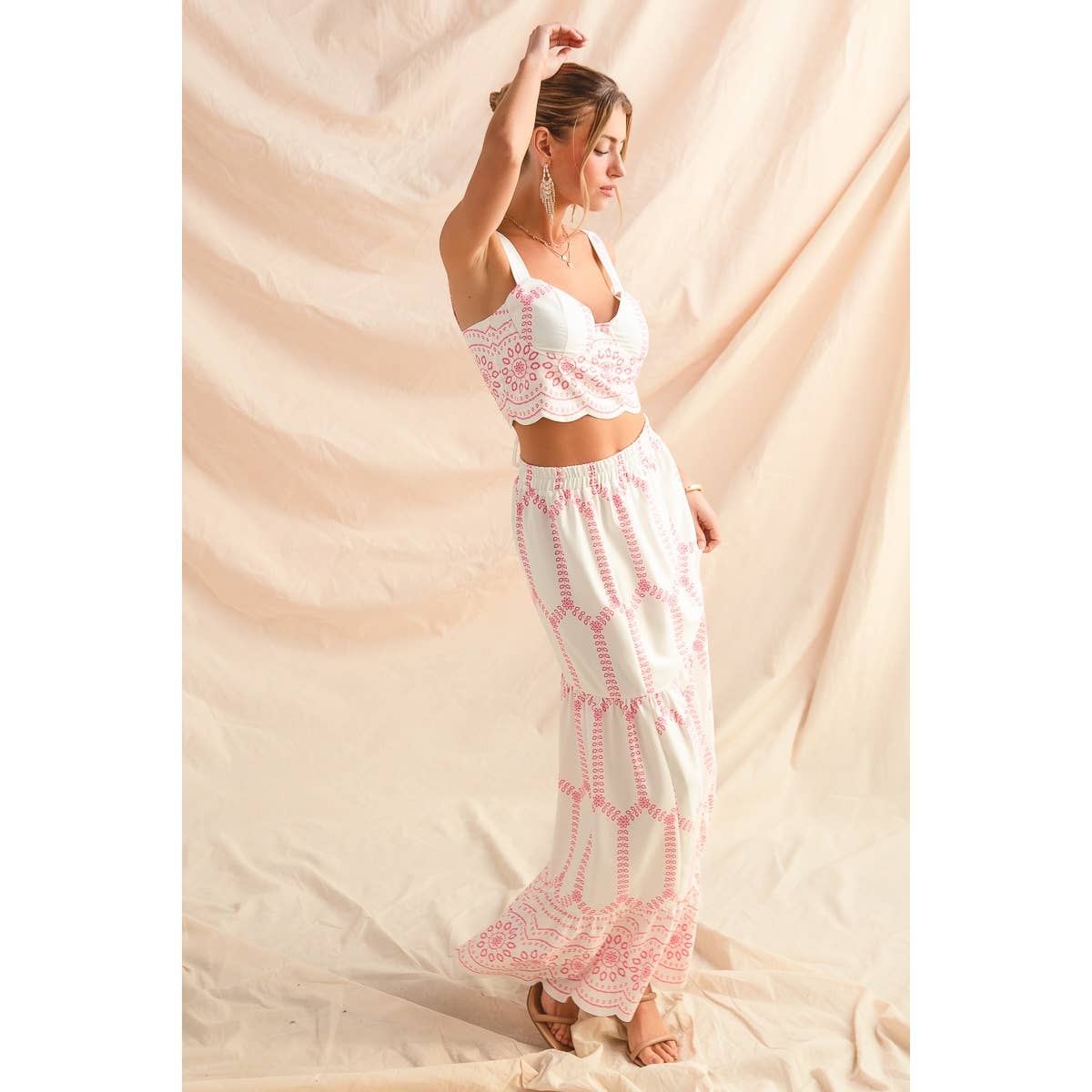 Embroidery Looking Print Woven Top & Skirt Set