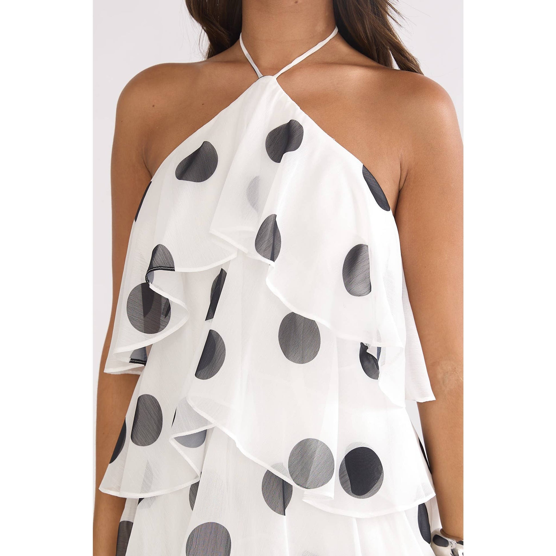 HALTER POLKA DOT TIERED MAXI DRESS: WHITE